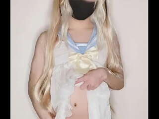 Cute Femboy in Seifuku Dress Rubs Her Dick